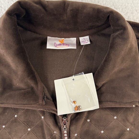 Quacker Factory Velour Zip Vest Rhinestones Pockets Western Rodeo Brown Sz L NEW - Picture 8 of 11